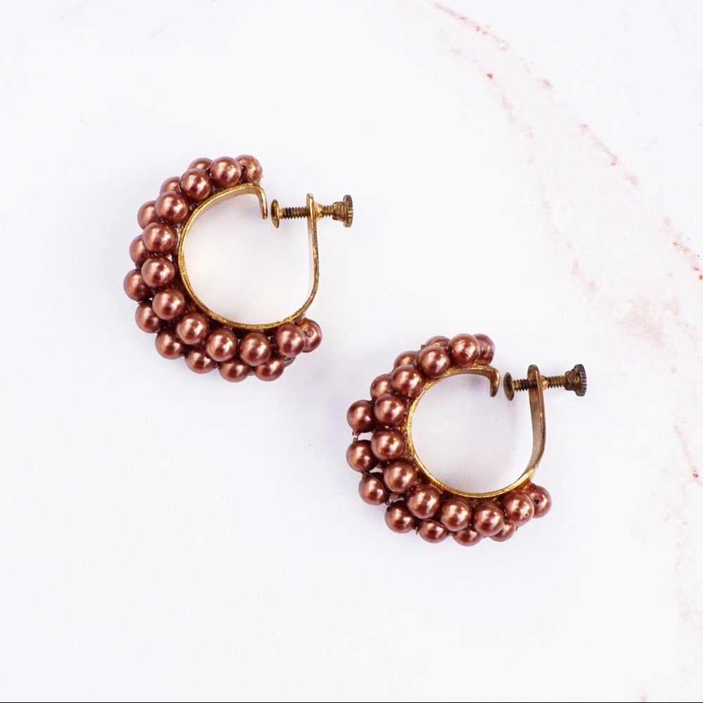 Vintage 1950s Bronze Pearl Hoop Earrings